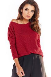 Bordowy Dzianinowy Sweter w Łódkę o Kroju Oversize. Czerwone swetry Awama, l, bez wzorów, z dzianiny, bez ramiączek. Za 169.90 zł.