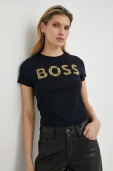 BOSS t-shirt bawełniany kolor czarny. Czarne t-shirty Boss, l, z aplikacjami, z bawełny, bez kołnierzyka, bez ramiączek. Za 339.99 zł.