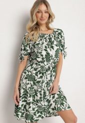 Zielona Bawełniana Sukienka w Ornamentalne Rośliny z Wiązaniem Przy Rękawach Tosvena. Zielone sukienki Born2be, na co dzień, l, bez wzorów, z bawełny, eleganckie, bez kołnierzyka, bez ramiączek, midi. Za 89.99 zł.