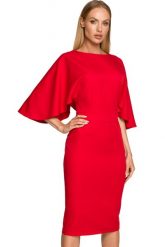 Sukienka elegancka ołówkowa z szerokimi rękawami czerwona z pelerynką. Czerwone sukienki Sukienki.shop, na komunię, xl, bez wzorów, eleganckie, bez kołnierzyka, bez ramiączek, ołówkowe. Za 289.00 zł.