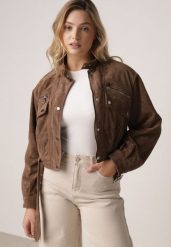 Brązowa Kurtka z Imitacji Zamszu w Stylu Utility z Suwakami i Paskiem Birasa. Brązowe kurtki Born2be, l, bez wzorów, z jeansu, eleganckie, bez kaptura. Za 219.99 zł.