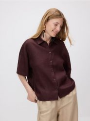 Lniana koszula z krótkimi rękawami - ciemnobrązowy. Brązowe koszule Reserved, l, bez wzorów, bez kołnierzyka, bez ramiączek. Za 139.99 zł.