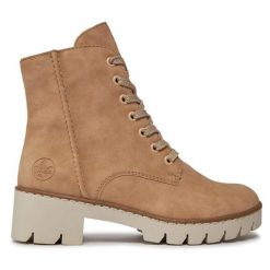 Trzewiki Rieker. Brązowe botki Rieker, bez wzorów, bez obcasa, na słupku, bez zapięcia. Za 279.99 zł.