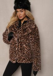 Brązowa Futrzana Kurtka w Panterkowy Print z Kieszeniami Delinnea. Brązowe kurtki Renee, l, bez wzorów, z futra, eleganckie, bez kaptura. W wyprzedaży za 213.49 zł.