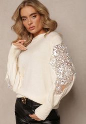 Jasnobeżowy Dzianinowy Sweter z Ozdobną Wstawką z Siateczki i Koralikami Isadorra. Brązowe swetry Renee, bez wzorów, z dzianiny, casualowe, bez ramiączek. W wyprzedaży za 159.99 zł.