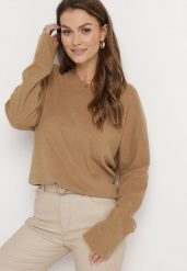 Beżowy Luźny Sweter z Miękkiej Dzianiny Nuchima. Brązowe swetry Born2be, bez wzorów, z dzianiny, bez ramiączek. W wyprzedaży za 67.99 zł.