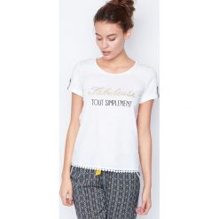 Etam - Top piżamowy. Szare piżamy marki Etam, z nadrukiem, z bawełny, z okrągłym kołnierzem. W wyprzedaży za 29.90 zł.