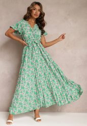 Zielona Plisowana Sukienka Maxi w Kwiatki z Gumką w Talii Ikama. Zielone sukienki Renee, l, bez wzorów, z materiału, bez kołnierzyka, bez ramiączek, maxi. W wyprzedaży za 62.99 zł.