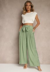 Zielone Wiskozowe Spodnie High Waist o Szerokim Kroju Aranisa. Zielone jeansy Renee, l, z aplikacjami, z jeansu, eleganckie, z podwyższonym stanem. W wyprzedaży za 67.99 zł.