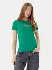 Guess Jeans T-Shirt W5YI04 J1314 Zielony Slim Fit. Zielone t-shirty Guess Jeans, xs, z aplikacjami, z bawełny, bez kołnierzyka, bez ramiączek. Za 79.99 zł.