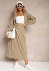 Ciemnozielony Casualowy Komplet 2-Częściowy Rozpinana Bluza i Spódnica z Kieszeniami na Klapy Lennira. Zielone bluzy Renee, l, bez wzorów, eleganckie, bez ramiączek, bez kaptura. W wyprzedaży za 127.99 zł.