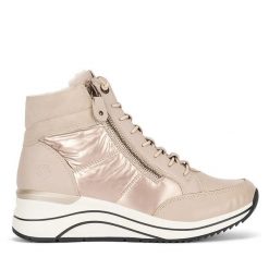 Trzewiki Remonte. Brązowe botki Remonte, bez wzorów, bez obcasa, na koturnie, bez zapięcia. Za 299.99 zł.