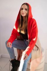 Sweter Kardigan z kapturem w pasy czerwony+camelowy+pudrowy róż. Czerwone swetry KESI, l, bez wzorów, z jeansu, plus size, bez ramiączek. Za 209.08 zł.