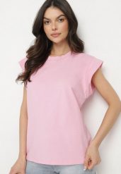 Różowy Bawełniany Top z Falbanką przy Ramionach Galantia. Czerwone topy Born2be, s, bez wzorów, z bawełny, eleganckie, bez kołnierzyka, bez ramiączek. Za 79.99 zł.