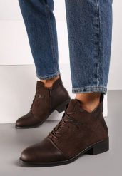 Brązowe Płaskie Botki z Kontrastowymi Elementami i Sznurowaniem Lorian. Brązowe botki Born2be, bez wzorów, z jeansu, eleganckie, bez obcasa, na płaskiej podeszwie, bez zapięcia. Za 119.99 zł.