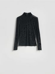 Golf z ozdobną aplikacją - czarny. Czarne swetry Reserved, l, z aplikacjami, z dzianiny, bez ramiączek. Za 219.99 zł.