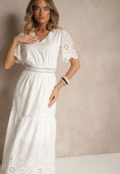 Biała Rozkloszowana Sukienka z Bawełny z Haftowanymi Zdobieniami w Stylu Boho Efrivina. Białe sukienki Renee, na spotkanie biznesowe, m, z aplikacjami, z bawełny, boho, bez kołnierzyka, bez ramiączek, maxi, kopertowe. W wyprzedaży za 111.99 zł.