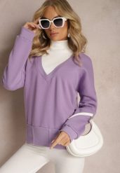 Jasnofioletowa Bawełniana Bluza z Trójkątnym Dekoltem Hydralia. Fioletowe bluzy Renee, bez wzorów, z bawełny, bez kaptura. W wyprzedaży za 79.99 zł.