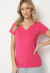 Różowy T-shirt z Bawełny z Guzikami Liseriana. Czerwone t-shirty Born2be, l, bez wzorów, z bawełny, klasyczne, bez kołnierzyka, bez ramiączek. Za 39.99 zł.