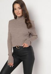 Ciemnobeżowy Prążkowany Golf o Dopasowanym Kroju Ahezza. Brązowe swetry Born2be, m, bez wzorów, prążkowane, bez ramiączek. W wyprzedaży za 67.99 zł.