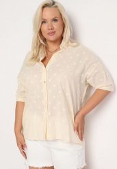 Beżowa Bawełniana Koszula z Krótkim Rękawem w Ozdobne Kropki Tinasenna. Brązowe koszule Born2be, plus size, bez wzorów, z bawełny, biznesowe, bez kołnierzyka, plus size, bez ramiączek. Za 99.99 zł.
