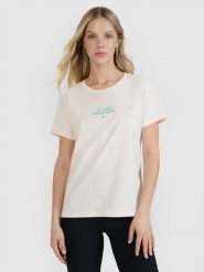 4F T-shirt regular z nadrukiem damski - biały S. Białe t-shirty sportowe 4f, s, bez wzorów, z bawełny, bez ramiączek. W wyprzedaży za 29.99 zł.