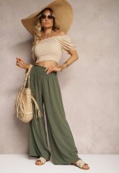 Ciemnozielone Spodnie High Waist z Szerokimi Nogawkami i Gumką w Pasie Risabessa. Zielone jeansy Renee, m, bez wzorów, z jeansu, eleganckie, z podwyższonym stanem. Za 49.99 zł.