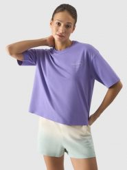 4F T-shirt oversize z nadrukiem damski - fioletowy M. Fioletowe t-shirty 4f, m, bez wzorów, z bawełny, klasyczne, bez kołnierzyka, bez ramiączek. W wyprzedaży za 39.99 zł.