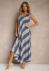 Granatowa Rozkloszowana Sukienka z Geometrycznym Wzorem Lumire. Niebieskie sukienki Renee, na spotkanie biznesowe, xl, z aplikacjami, eleganckie, bez kołnierzyka, bez ramiączek, maxi, rozkloszowane. W wyprzedaży za 55.99 zł.