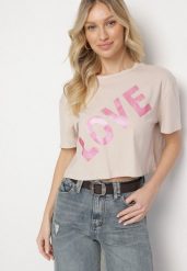 Ciemnobeżowy Bawełniany T-shirt Oversize o Krótkim Kroju z Napisem Sannelia. Brązowe t-shirty Born2be, m, bez wzorów, z bawełny, bez kołnierzyka, bez ramiączek. Za 49.99 zł.