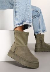 Zielone Śniegowce na Płaskiej Podeszwie ze Skarpetową Cholewką Sevinae. Zielone śniegowce Born2be, bez wzorów, z jeansu, bez zapięcia. Za 64.99 zł.