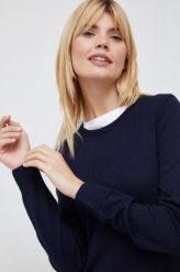 Pepe Jeans sweter wełniany damski kolor granatowy lekki. Niebieskie swetry Pepe Jeans, l, bez wzorów, z dzianiny, bez ramiączek. W wyprzedaży za 269.99 zł.