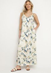 Beżowo-Niebieska Kwiecista Sukienka na Ramiączkach z Wiskozą o Rozkloszowanym Kroju Jenarienna. Niebieskie sukienki Born2be, na co dzień, l, bez wzorów, z wiskozy, eleganckie, bez kołnierzyka, bez ramiączek, maxi, kopertowe. Za 109.99 zł.