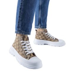 Brązowe trampki zdobione monogramem Terenzio beżowy. Brązowe trampki z aplikacjami, z tkaniny, bez zapięcia. Za 73.01 zł.