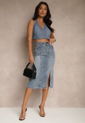 Granatowa Jeansowa Spódnica z Bawełny z Łańcuchem Lilurea. Niebieskie spódnice Renee, na co dzień, l, bez wzorów, z bawełny, eleganckie, midi, koszulowe. W wyprzedaży za 55.99 zł.