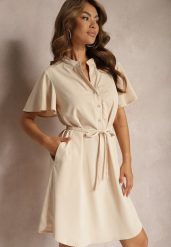 Beżowa Trapezowa Sukienka z Dekoltem Zapinanym na Guziki i Materiałowym Paskiem w Talii Vikiiraes. Brązowe sukienki Renee, l, bez wzorów, z materiału, eleganckie, bez kołnierzyka, bez ramiączek, midi, trapezowe. W wyprzedaży za 83.99 zł.