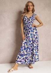 Fioletowo-Niebieska Kopertowa Sukienka Maxi w Kwiaty z Gumką w Pasie z Wiskozy Marielys. Fioletowe sukienki Renee, l, bez wzorów, z tkaniny, bez kołnierzyka, bez ramiączek, maxi, kopertowe. W wyprzedaży za 83.99 zł.