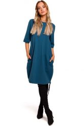 Morska Dzianinowa Sukienka Bombka z Krótkim Rękawem. Zielone sukienki MOE, l, bez wzorów, z bawełny, bez kołnierzyka, bez ramiączek, mini, bombki. Za 264.90 zł.