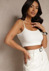 Biały Top na Ramiączkach z Prążkowanej Tkaniny z Wiskozą Zdobiony Kokardką Iffenia. Białe topy Renee, z aplikacjami, prążkowane, klasyczne, bez kołnierzyka, bez ramiączek. W wyprzedaży za 43.99 zł.