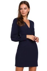 Elegancka sukienka mini z głębokim dekoltem V granatowa. Sukienki Sukienki.shop, s, bez wzorów, eleganckie, bez kołnierzyka, bez ramiączek, mini, dopasowane. Za 249.00 zł.