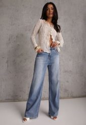 Niebieskie Jeansy High Waist Wide Leg z Bawełną i Domieszką Wiskozy Hirei. Niebieskie jeansy Renee, l, bez wzorów, z bawełny, z podwyższonym stanem, długie. Za 119.99 zł.