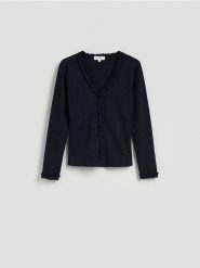 Bluzka z wiskozą - granatowy. Niebieskie bluzki Reserved, l, bez wzorów, z dzianiny, bez kołnierzyka, bez ramiączek. Za 99.99 zł.