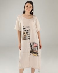 Lniana sukienka midi. Brązowe sukienki Unisono, l, bez wzorów, z tkaniny, bez kołnierzyka, bez ramiączek, midi. Za 289.00 zł.