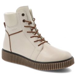 Trzewiki damskie Rieker, skórzane licowe na grubej podeszwie zapinane na zamek i ocieplane, białe, Y4303-80. Brązowe botki Rieker, bez wzorów, ze skóry, bez obcasa, bez zapięcia. Za 349.00 zł.