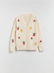 Kardigan z ozdobną aplikacją - wielobarwny. Swetry Reserved, l, z aplikacjami, z bawełny, bez ramiączek. Za 259.99 zł.