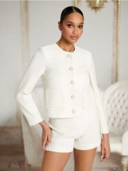 Marynarka - kremowy. Białe marynarki i żakiety Sinsay, l, bez wzorów, casualowe, bez ramiączek. Za 69.99 zł.