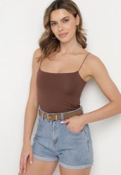 Brązowy Klasyczny Top z Wiskozą Soparisse. Brązowe topy Born2be, l, bez wzorów, z jeansu, eleganckie, bez kołnierzyka, bez ramiączek. W wyprzedaży za 38.24 zł.