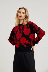 Sweter z nadrukiem róż czarny. Czarne swetry MOODO, l, bez wzorów, z poliesteru, bez ramiączek. W wyprzedaży za 74.99 zł.