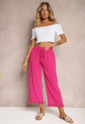 Fuksjowe Szerokie Spodnie High Waist z Gumką w Pasie Jolfea. Czerwone jeansy Renee, l, bez wzorów, z jeansu, eleganckie, z podwyższonym stanem. W wyprzedaży za 29.99 zł.