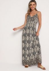 Czarno-Beżowa Wiskozowa Sukienka Boho na Ramiączkach z Gumką w Pasie Elorea. Czarne sukienki Born2be, m, bez wzorów, z materiału, boho, bez kołnierzyka, bez ramiączek, maxi. W wyprzedaży za 55.24 zł.